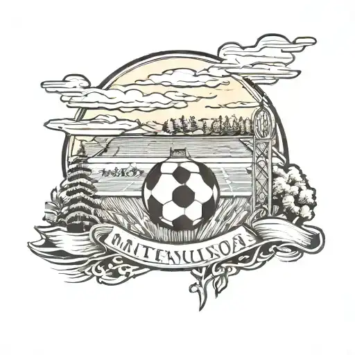 A Traditional Style Tattoo Of A Football Field With Minnesota Outdoor Scenery In The Background