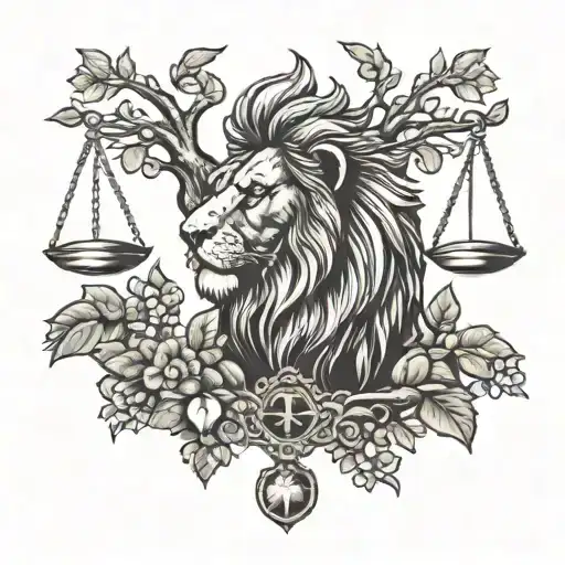 Lion Head And Justice Scales With Life Tree Emerging