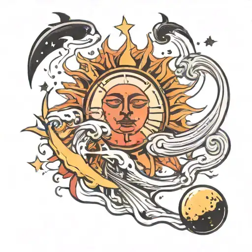 Sun With Heat Haves And A Moon Surronded By Stars With Waves Crashing