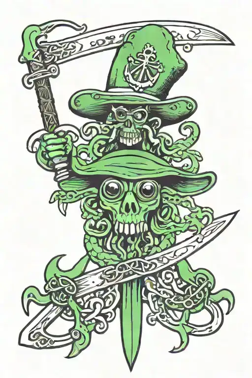 Green Squid With Eyepatch Holding Sword And Anchor