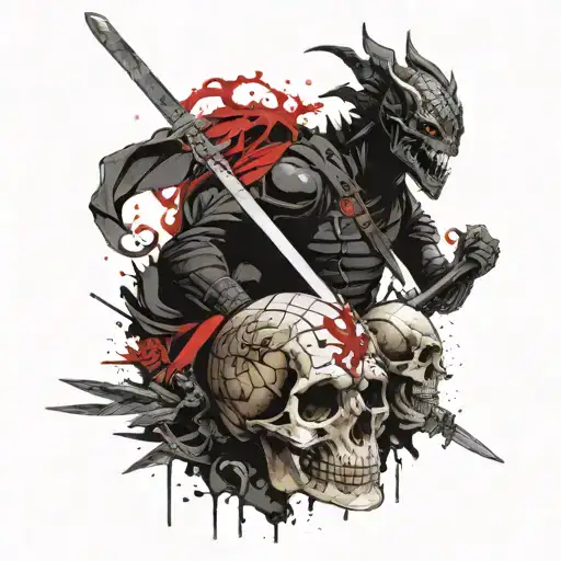 A Black Ninja With A Sword Next To A Black Dragon Next To A Skull