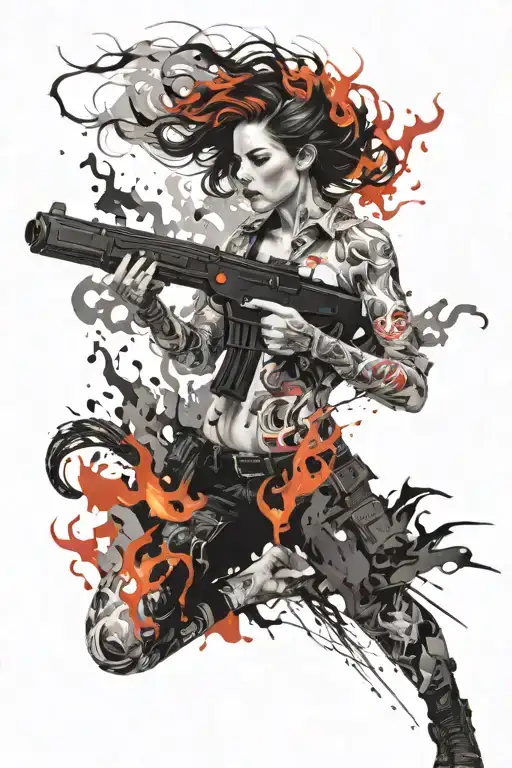 Woman Coming Out Of Flames Full Body Holding Gun