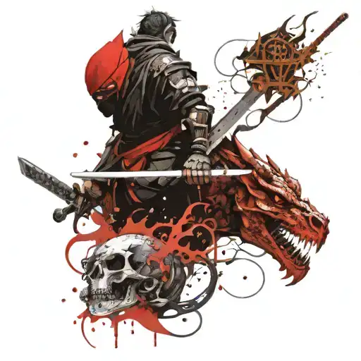 A Black Ninja With A Sword Next To A Black Dragon Next To A Skull