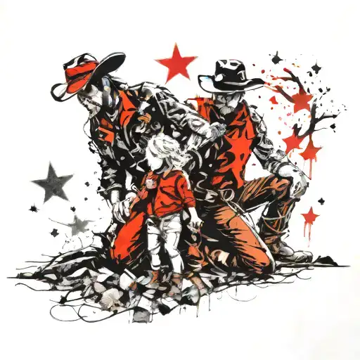 Cowboy Kneeling Down With A Little Girl Running To Him Underneath A Tree And Stars