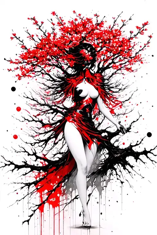 Woman Warrior Tree Intertwined With Cherry Blossom And Sensual Silhouette