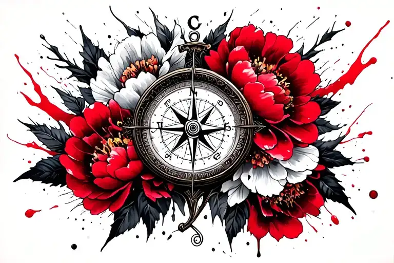 Nautical Compass Surrounded By Peonies Flower