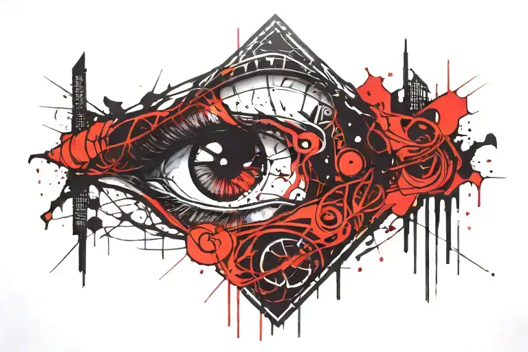 Black And Red Erratic Scribble Art Of Eyes Crying With A Fading Cyberpunk Spine Through The Middle