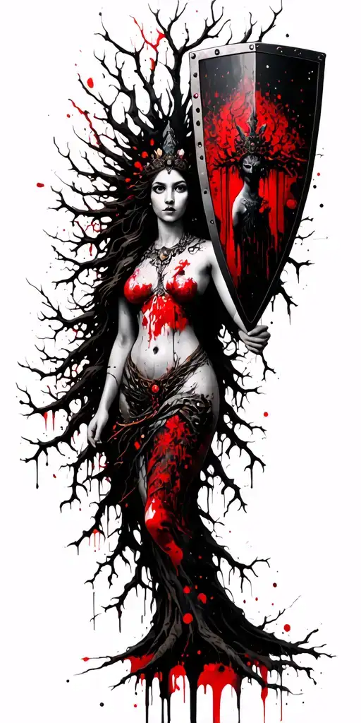A Tree Goddess Protecting Her Daughters With A Shield Made Of Branches