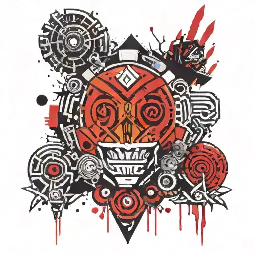 A Rock And Metal Themed Tattoo With Aztec Motifs And Cosmic Elements Intertwined