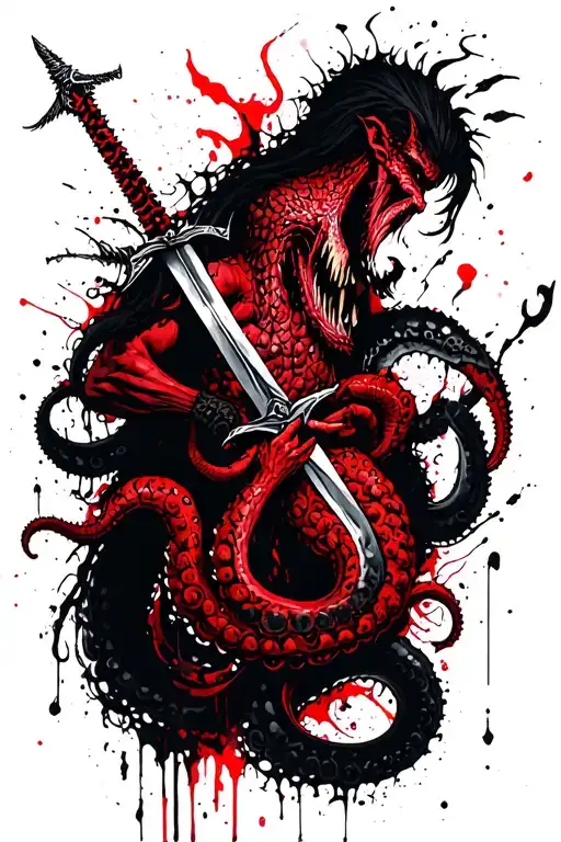 Demons From The Tentacle Who Rises On A Person And Wraps Him Off And Holds A Sword Or Spear