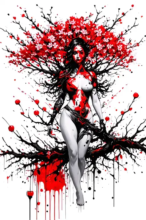 Woman Warrior Tree Intertwined With Cherry Blossom And Sensual Silhouette