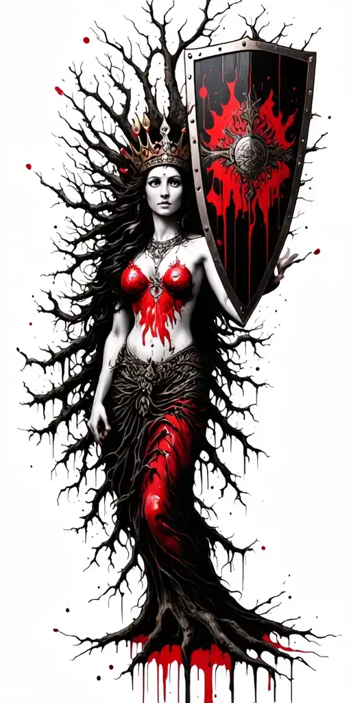 A Tree Goddess Protecting Her Daughters With A Shield Made Of Branches With A Crown