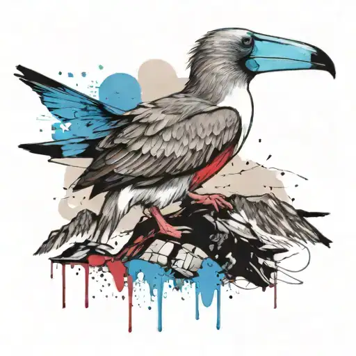 Tattoo Drawing Of A Blue-footed Booby With Chimborazo Mountain In The Background