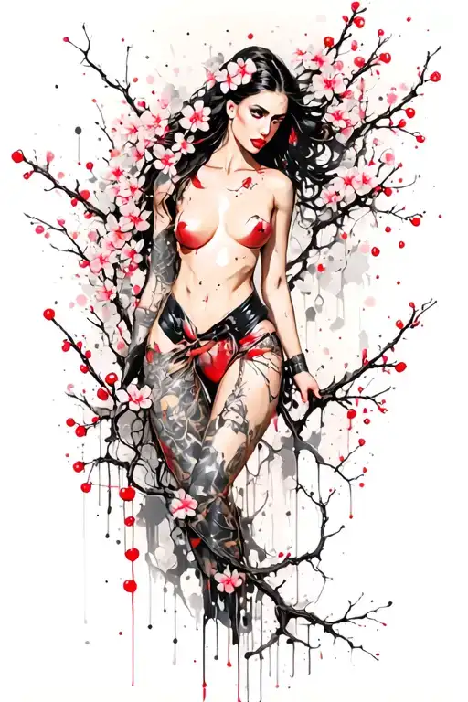 Cherry Blossoms Longer Vine With Small Flowers Intertwined Around Strong Woman Warrior Full Body