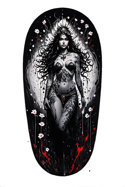 Forrest Goddess Warrior Sensual Silhouette With Clear Lines And Small Flowers Around And On Her