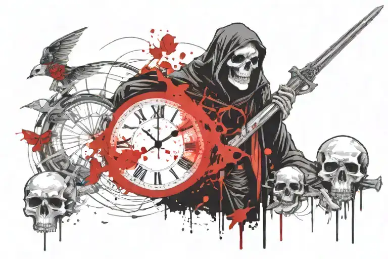 Grim Reaper Holding A Clock And A Skull