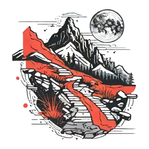 A Minimalist Tattoo Of A Winding Hiking Trail Leading Up To A Single Eye At The Peak Of A Mountain