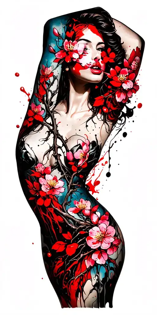 Psychedelic Cherry Blossom Vine Intertwined Within Warring Women Turning To Deep Roots And Arms Up