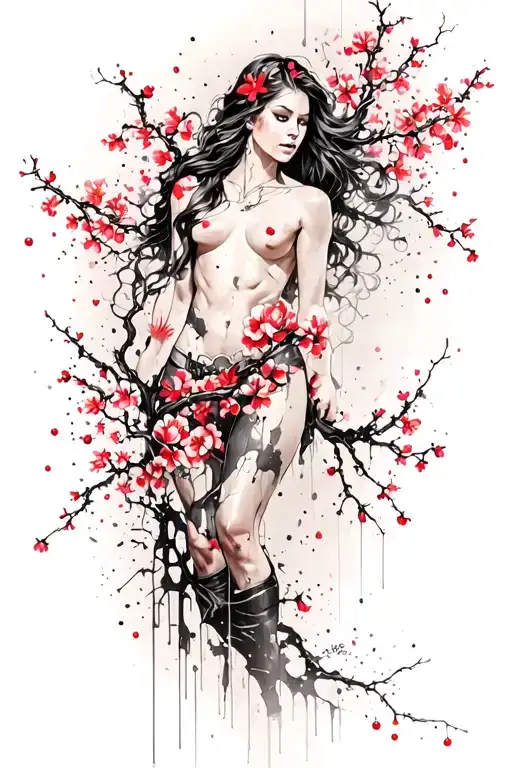 Cherry Blossoms Longer Vine With Small Flowers Intertwined Around Strong Woman Warrior Full Body