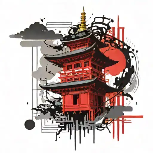 A Japanese Pagoda Coming Out Of A Rectangular Japanese Charm