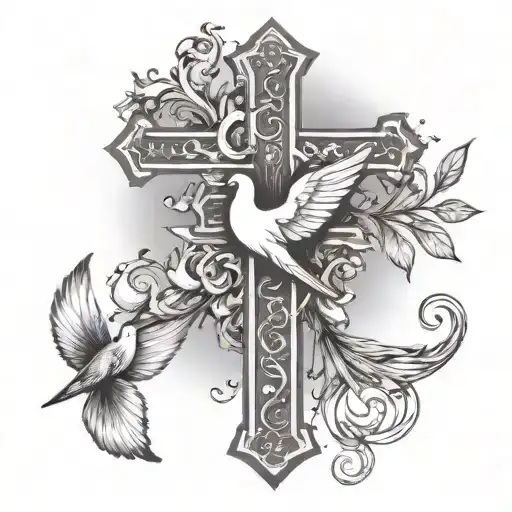 Roman Catholic Cross With Dove Hand Coming From The Heaven And An Olive Branch