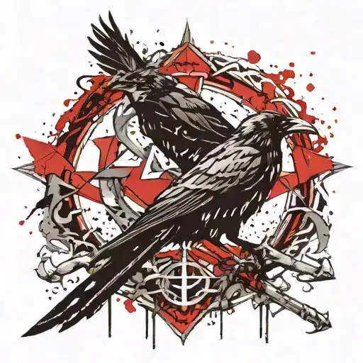 Ravens Huginn And Muninn Circling Around A Sword And The Valknut Symbol