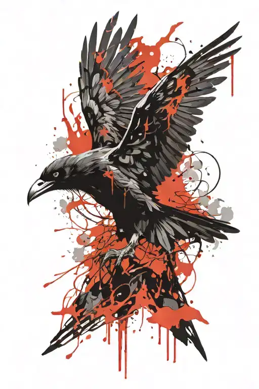 Crow With The Wings Extended And Cover The Body With Fire And Blood