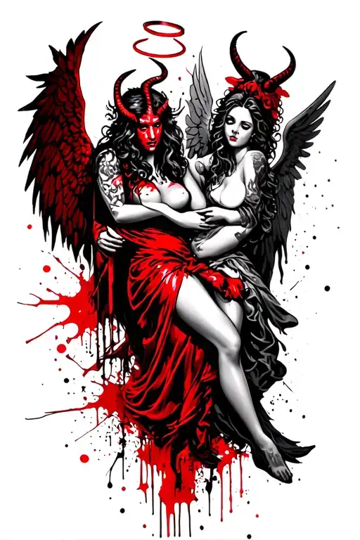 Devil With Halo And Angel With Horns Holding An Female Angel