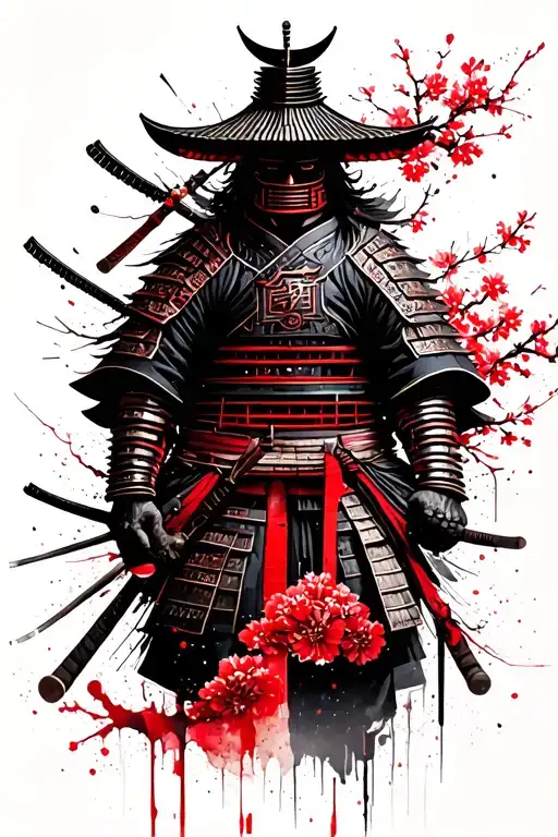 Japanese Samurai With Temple And Cherry Blossom