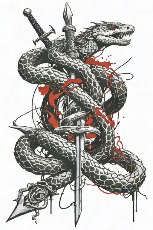 Snakes Intertwined With Barbed Wire Wrapped Around A Sword
