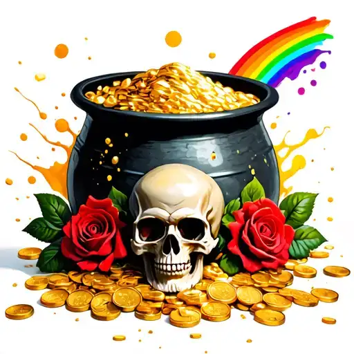 Pot Of Gold Coins With Skulls And Roses And Rainbow