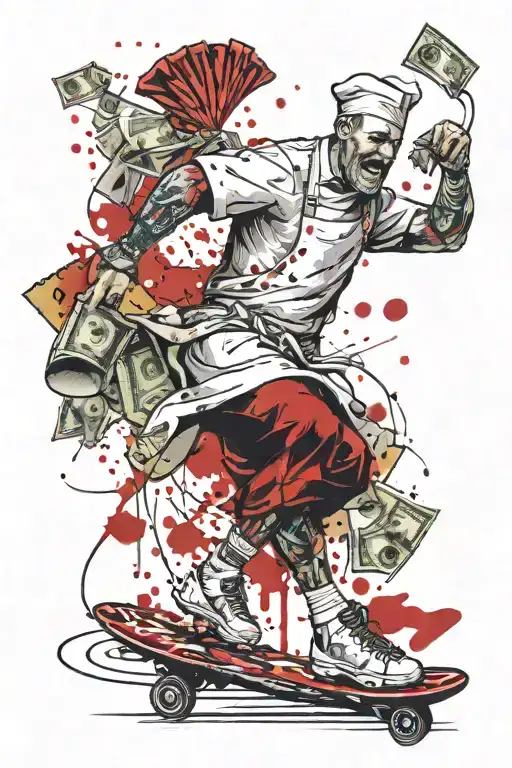 A Black And Grey Portrait Of A Muscular Chef Skateboarding With Money Falling Around Them