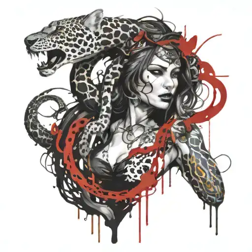 Snake Intertwined With Woman And Leopard