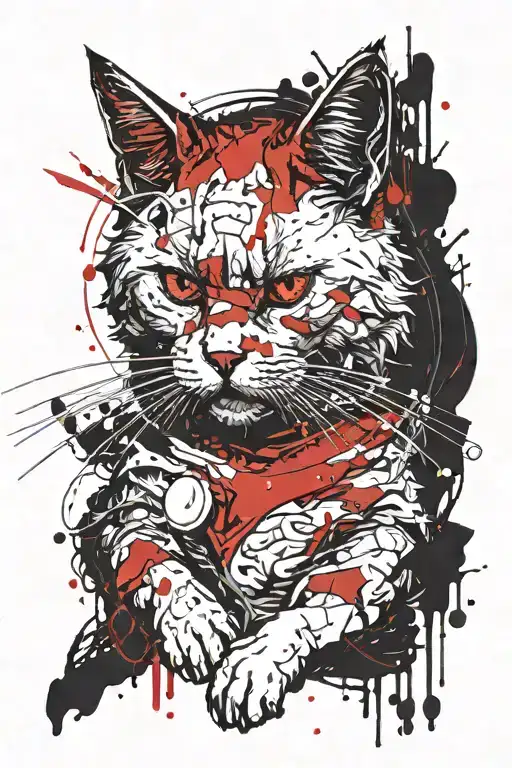 Black Bloody Horrible Fluffy Cat Sitting On A Steelyard Kills A White Rabbit With Red Eyes