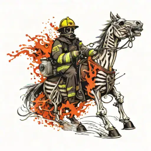 Firefighter Skeleton Old Uniform Riding Horse Drawn Fire Pump