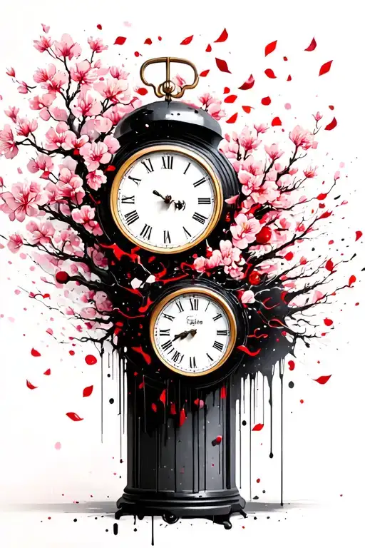 Cherry Blossom Tree Petals Falling With A Clock