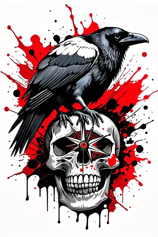 Raven Sitting On A Skull With A Compass In Mounth