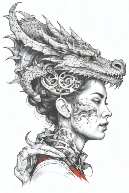 Dragon Emerging From A Woman's Head Looking Head On