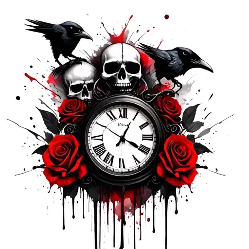 Skull Roses And Clock With Ravens