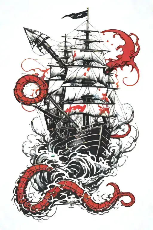 Ship With Anchor Coming Down Kraken Grabbing Anchor From Underneath Water