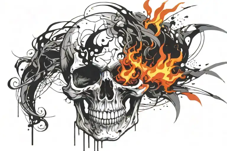 Half Upper Sleeve Tattoo Of A Skull Surrounded By Fire And Fire Coming Out Of Its Eyes