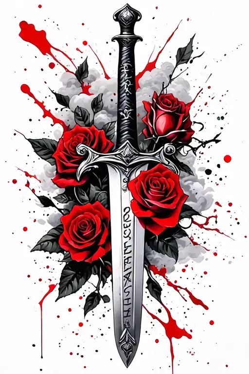 Sword Sorrounded With Roses And Clouds With The Words Respect And Sacrifice