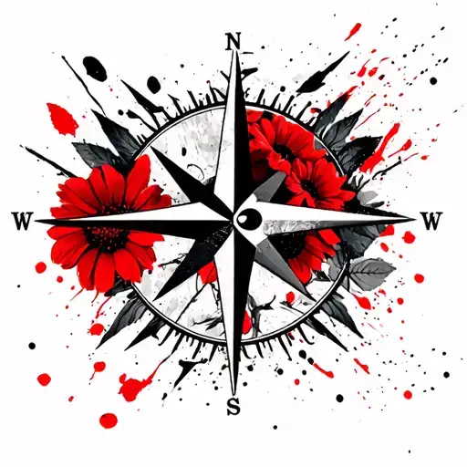 Compass Rose With Flowers Intertwined
