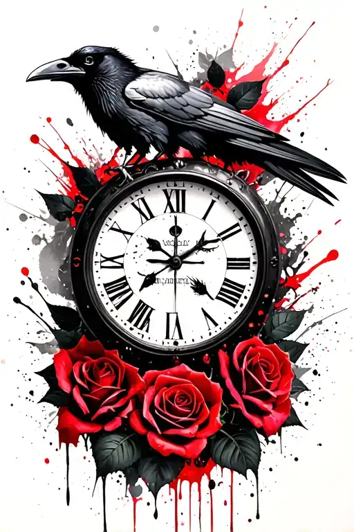 Skull Roses And Clock With Ravens