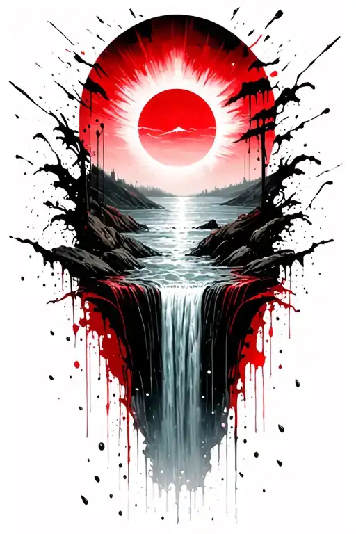 A Sun Melting Into A Waterfall That Turns Into Rain Drops