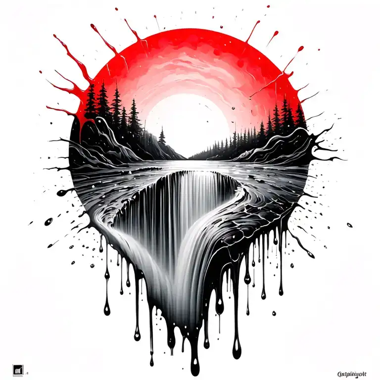 A Sun Melting Into A Waterfall That Turns Into Rain Drops