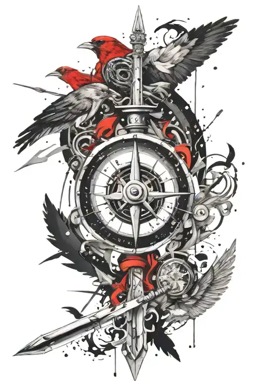 Sword With Compass Surrounded And Birds Flying