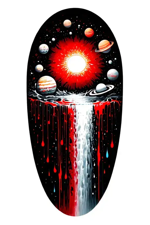 A Sun Surrounded With Planets That Turns Into A Waterfall With Rain Drops At The Bottom