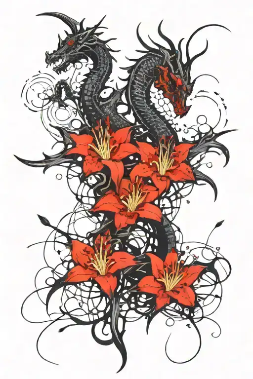 Dragon And Red Spider Lily Flowers Coming Together Symbolizing