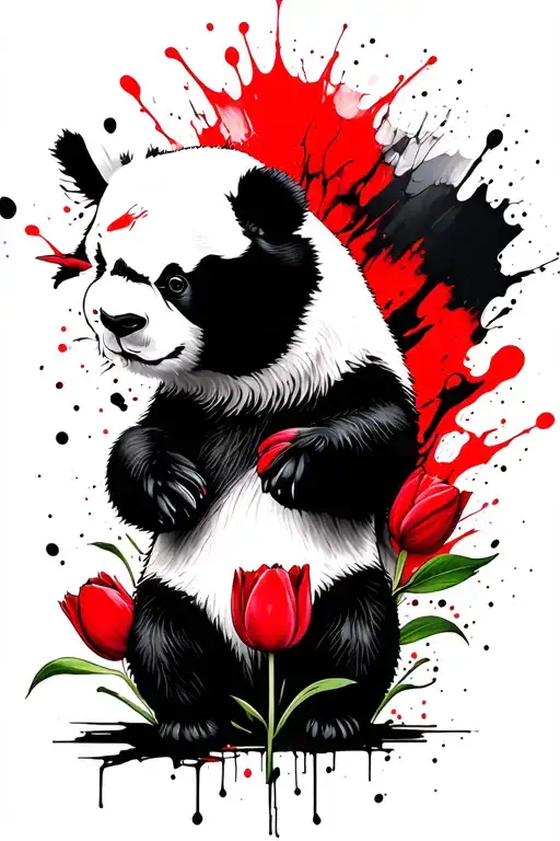 Panda Bear And Red Cardinal And Tulip Flower